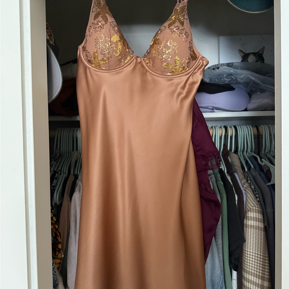 Gold and Tan Lace Slip Dress